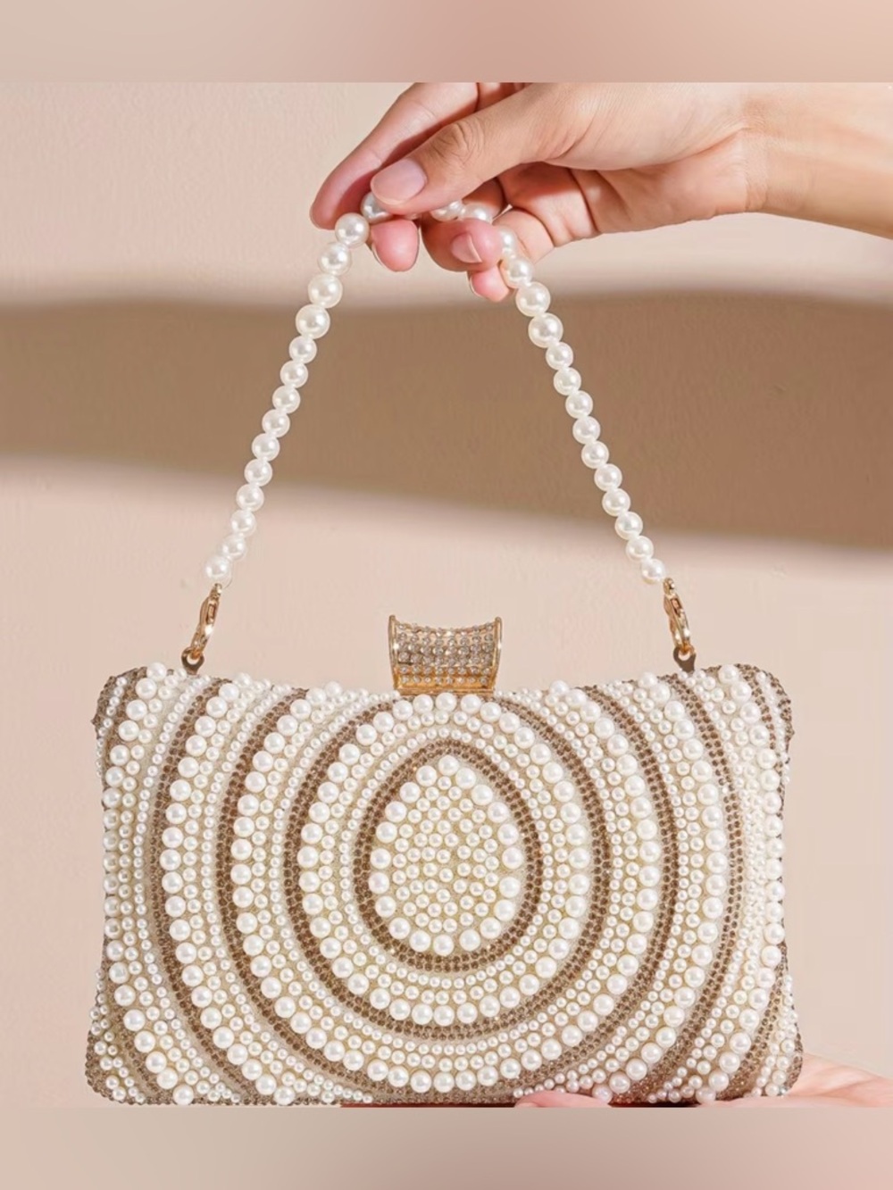 Elegant Pearl-Embellished Evening Clutch - White/Cream